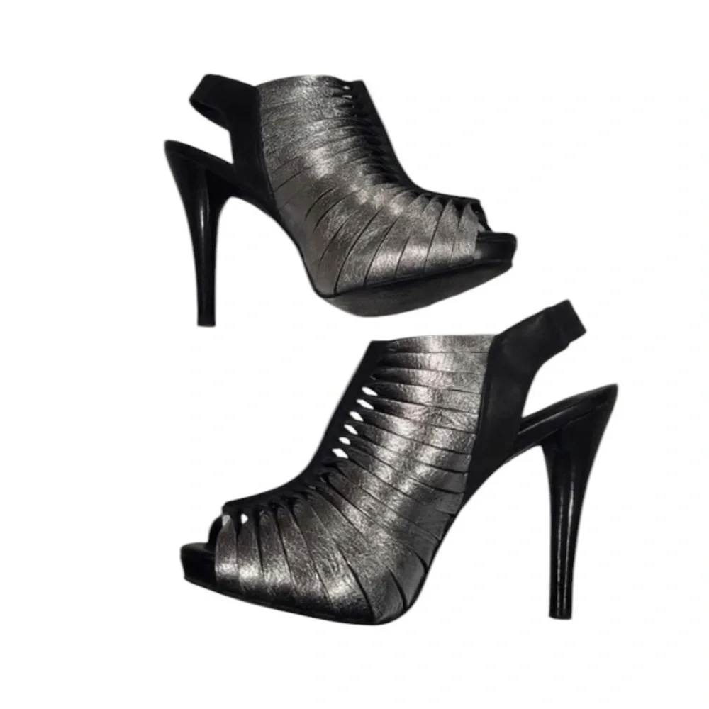 Elegant Black and Silver Leather Devon  Heels size 8.5, Cutout Peep Toe Heels